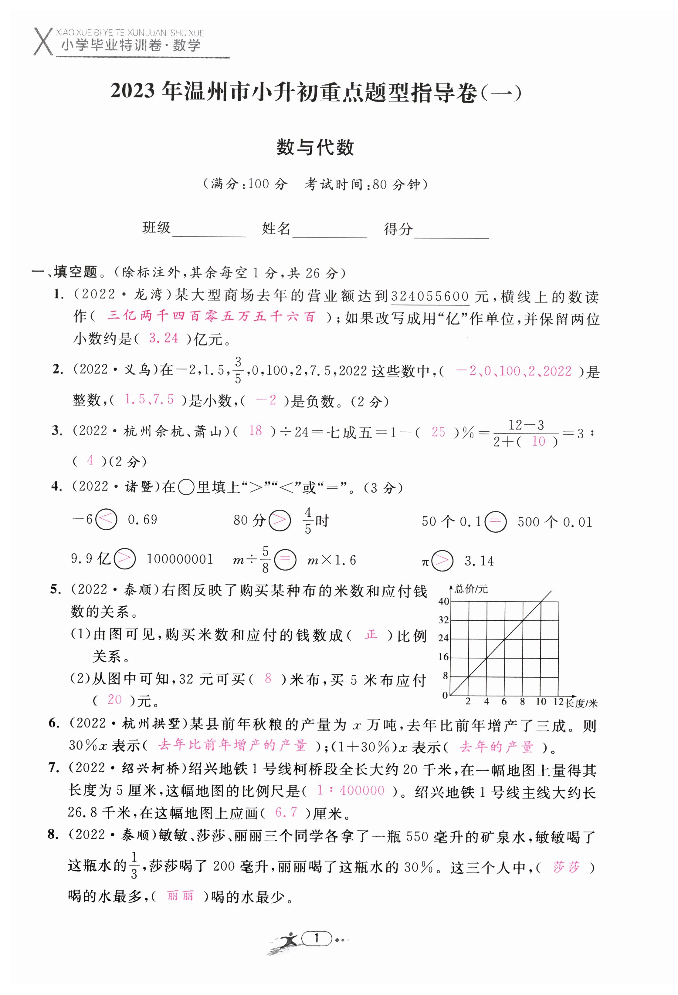 2023年小學畢業特訓卷數學溫州專版 第1頁