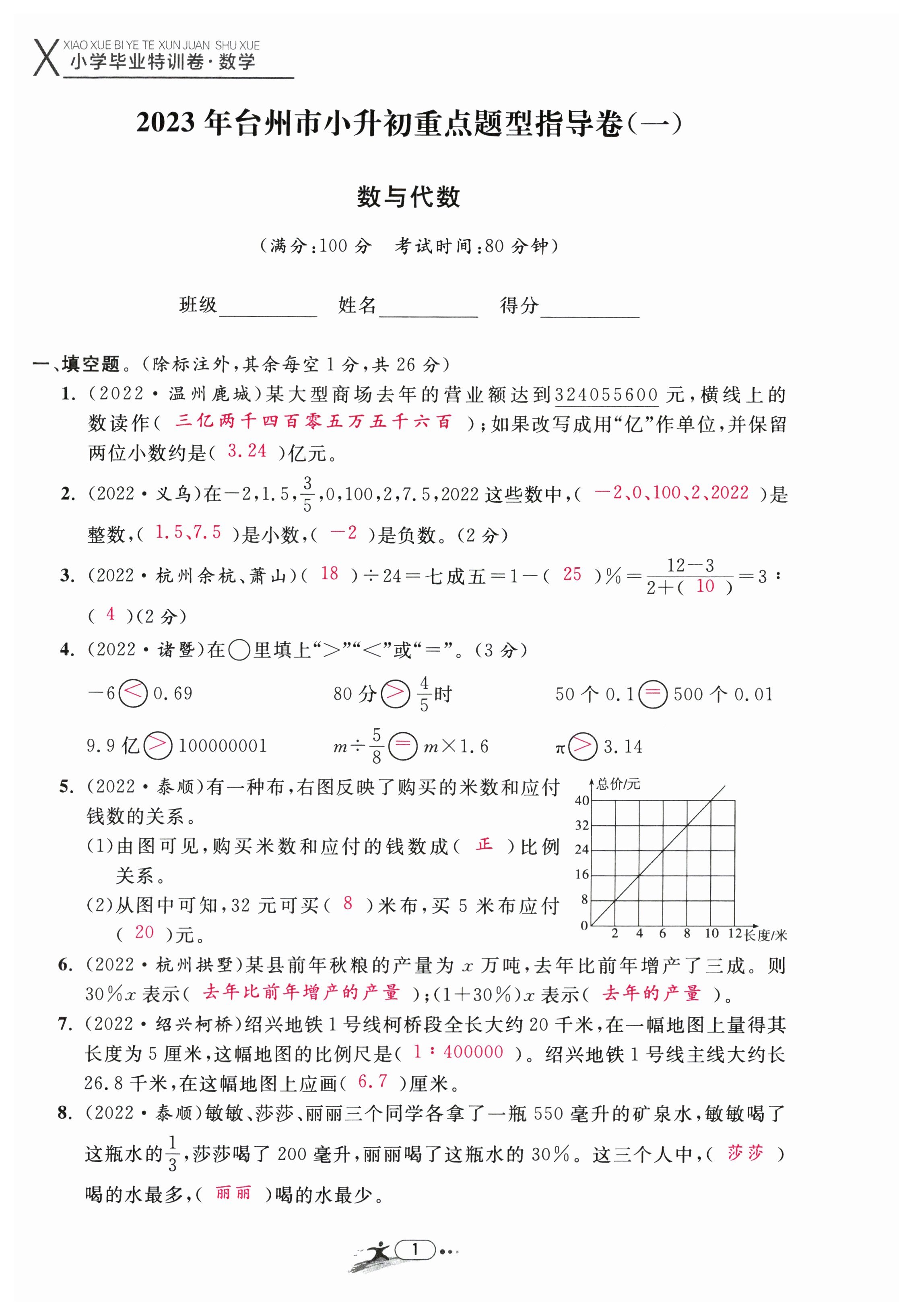 2023年小學(xué)畢業(yè)特訓(xùn)卷六年級(jí)數(shù)學(xué)人教版臺(tái)州專版 第1頁