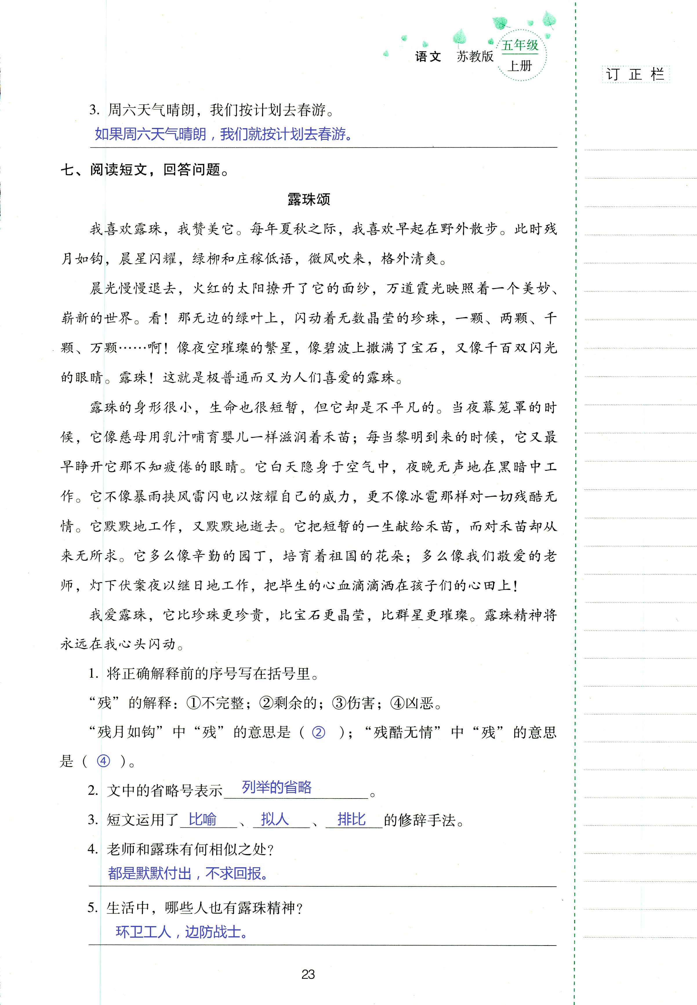 2018年云南省标准教辅同步指导训练与检测五年级语文苏教版 第23页