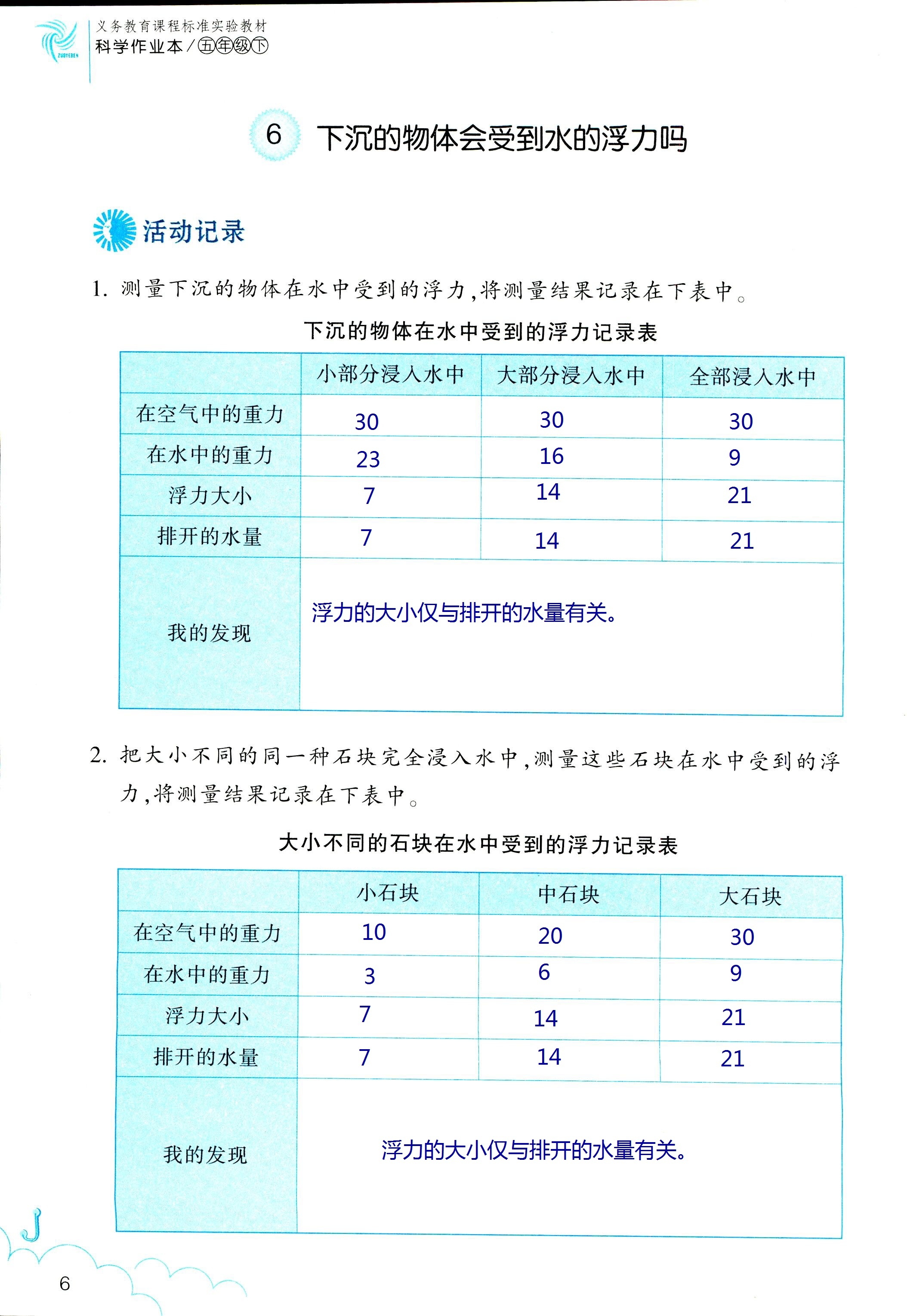 2018年科学作业本五年级下册教科版浙江教育出版社 第6页