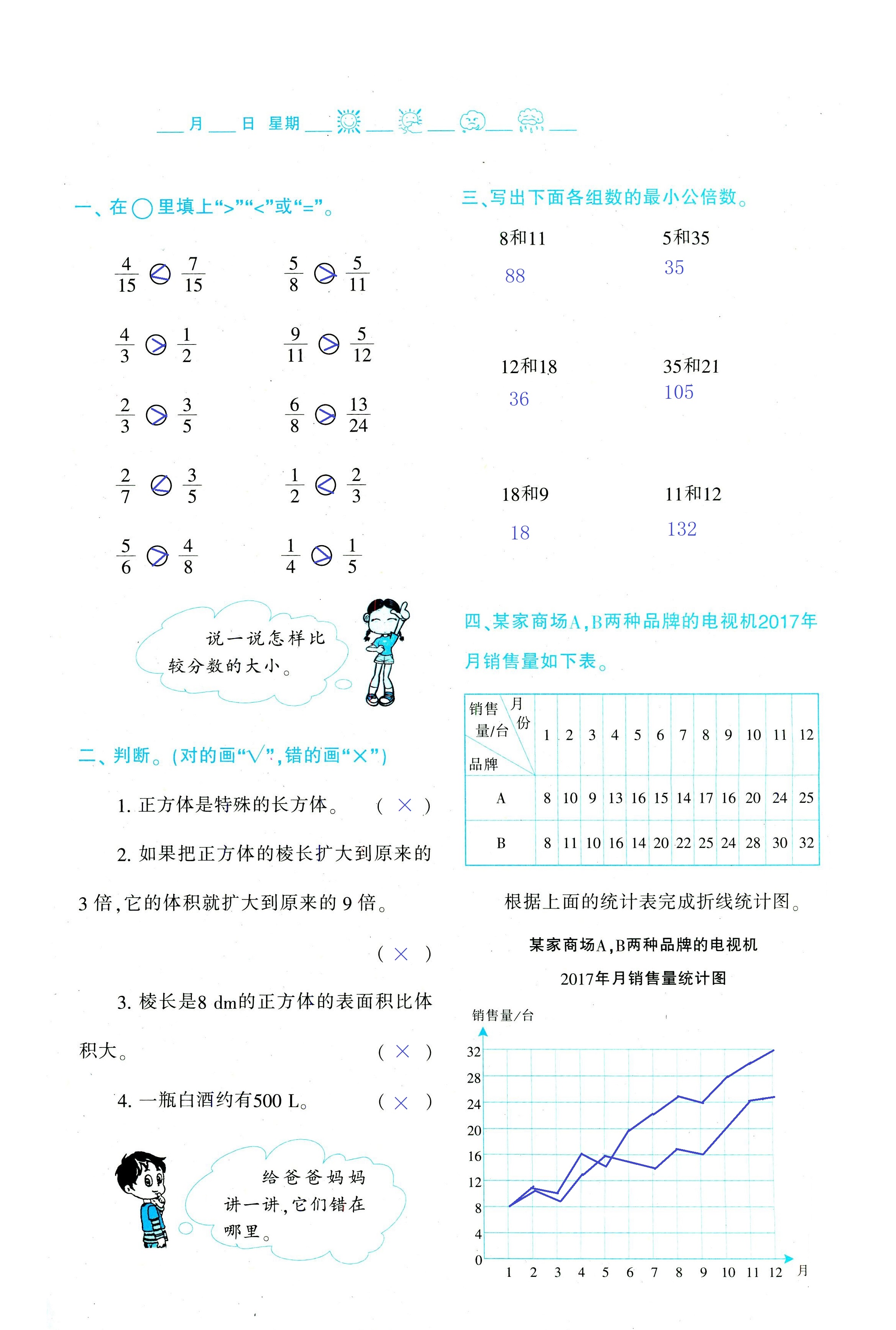 2018年暑假作业与生活陕西人民教育出版社五年级数学其它 第54页