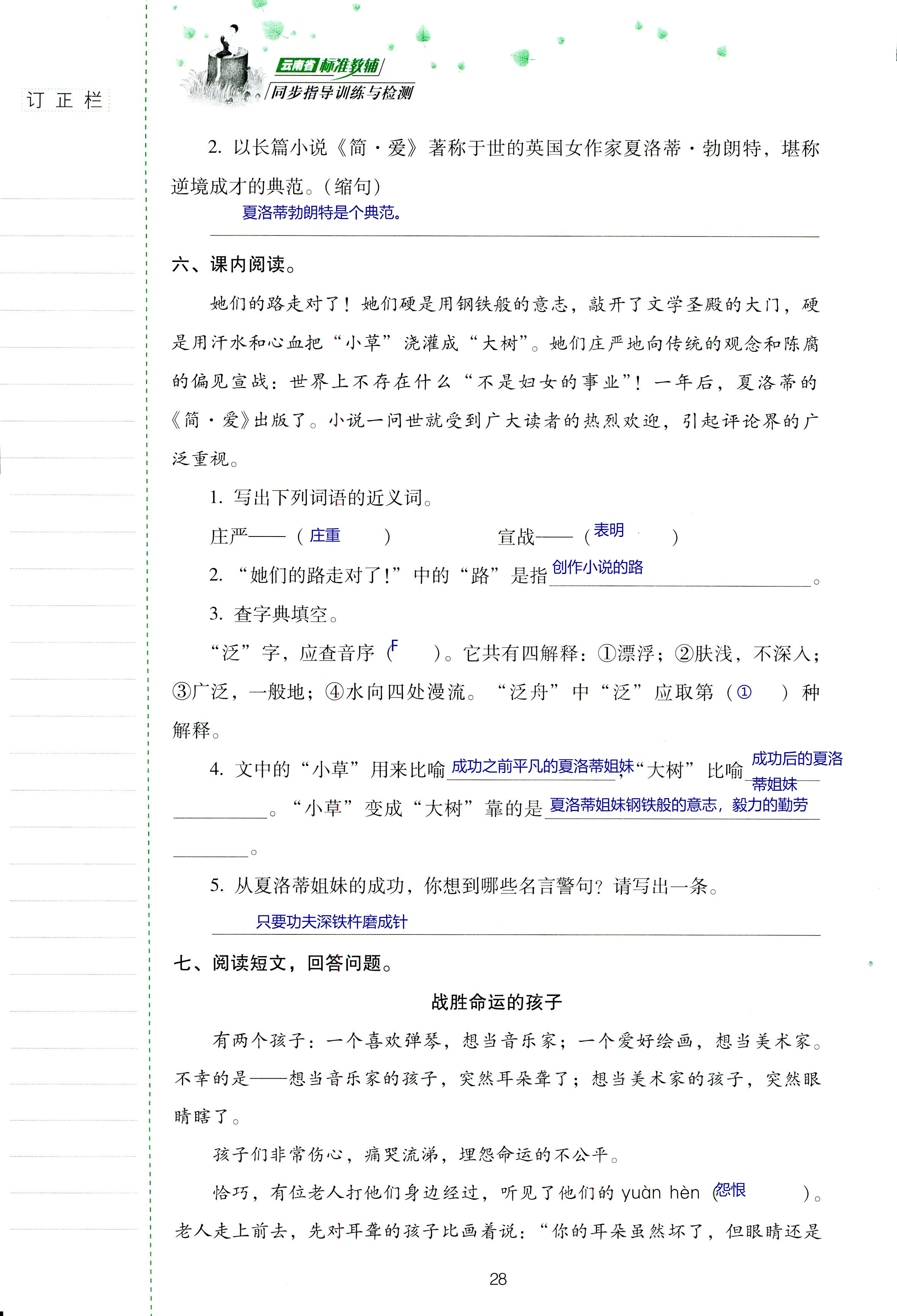 2018年云南省标准教辅同步指导训练与检测六年级语文苏教版 第28页