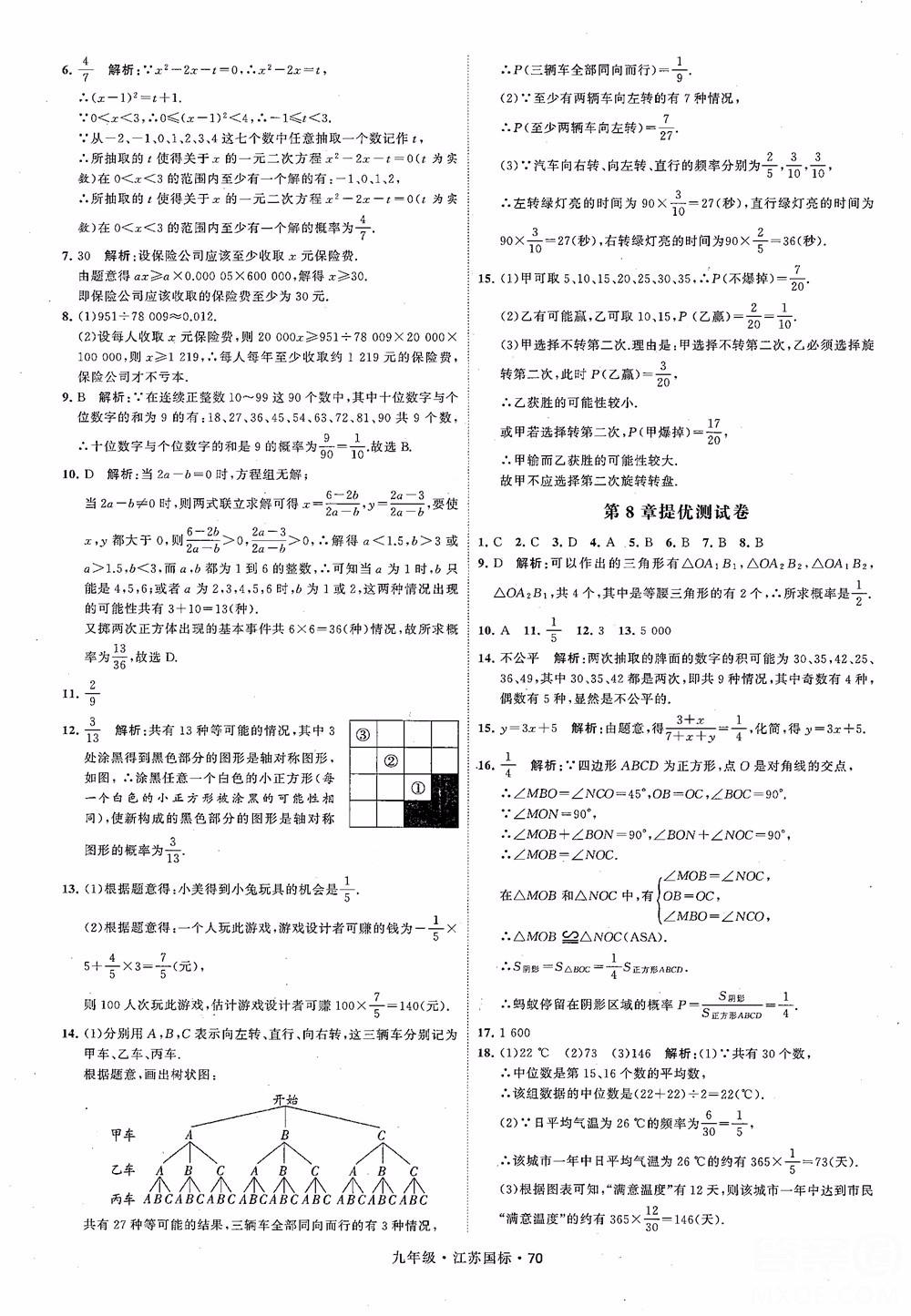 2018秋學(xué)霸題中題數(shù)學(xué)九年級(jí)全一冊(cè)蘇科版江蘇國(guó)標(biāo)參考答案 第70頁(yè)