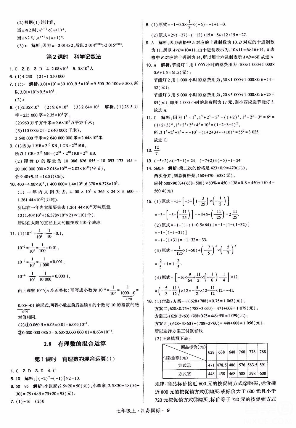 2018秋學霸題中題初中數(shù)學七年級上冊蘇科版江蘇國標參考答案 第9頁