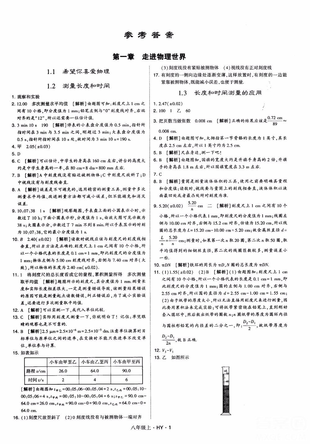 2018秋新版经纶学典学霸题中题八年级物理上册HY沪粤版参考答案 第1页