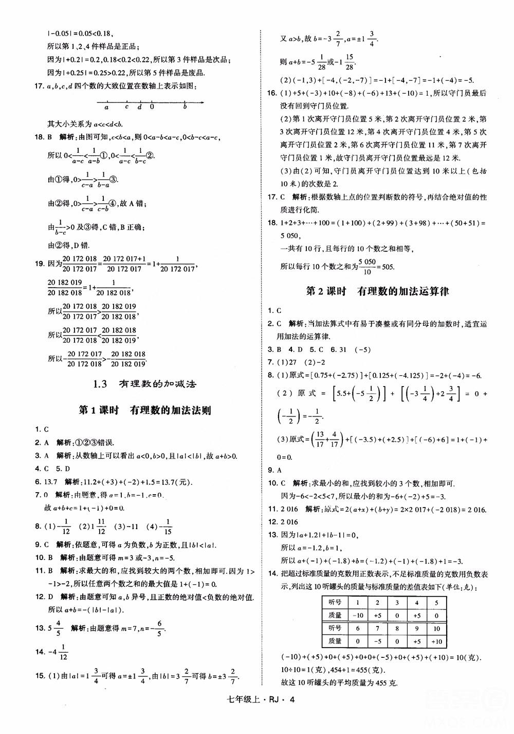 2018年学霸题中题七年级上册数学人教版参考答案 第4页