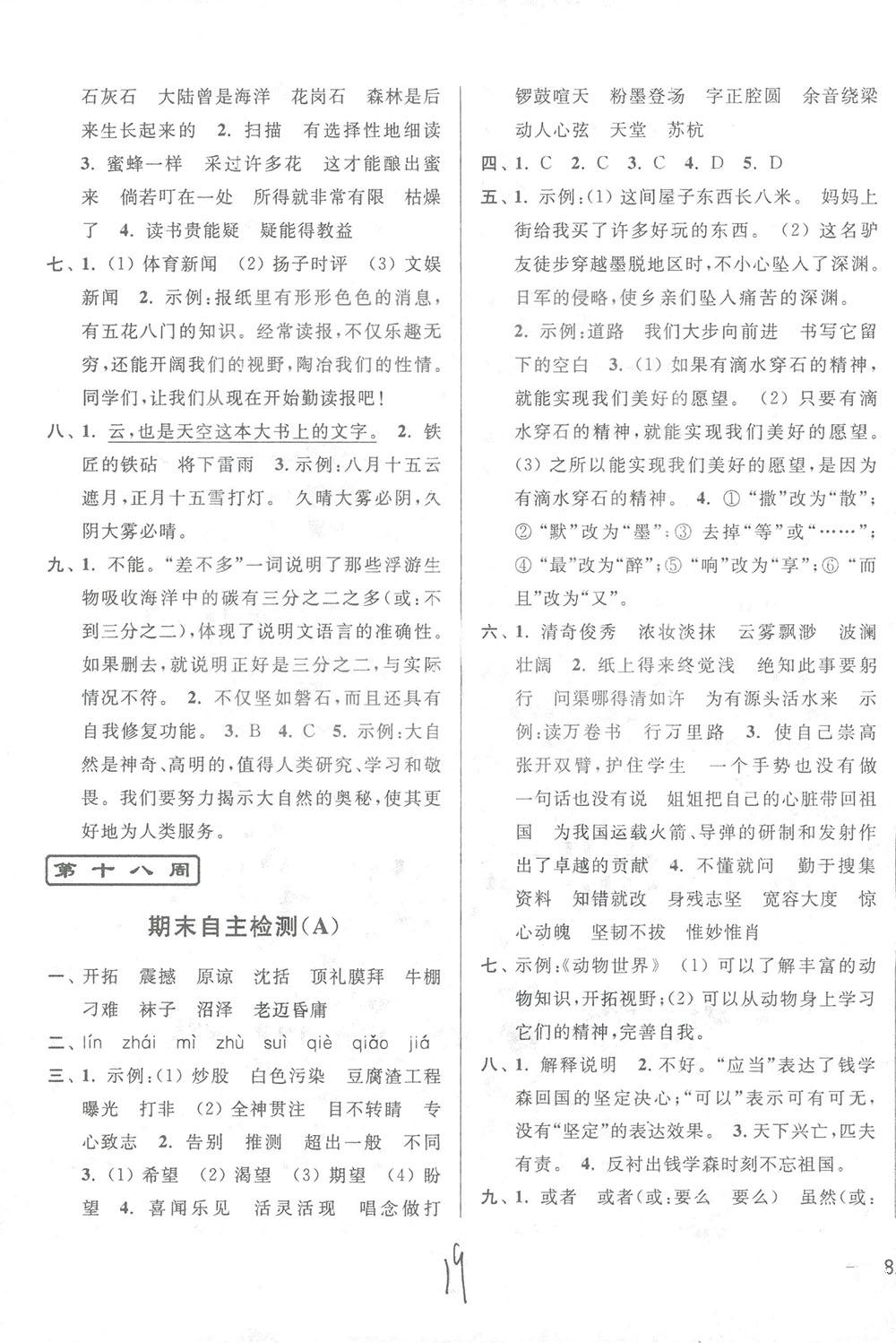 2018亮點給力周末優(yōu)化設(shè)計大試卷語文六年級上冊新課標(biāo)江蘇版答案 第19頁