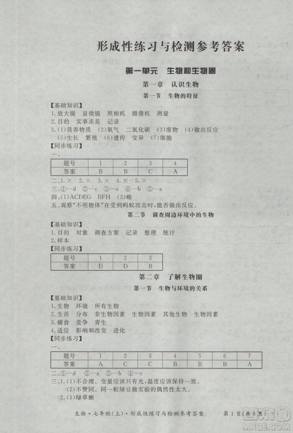 新課標(biāo)形成性練習(xí)與檢測七年級生物上冊2018參考答案 第1頁