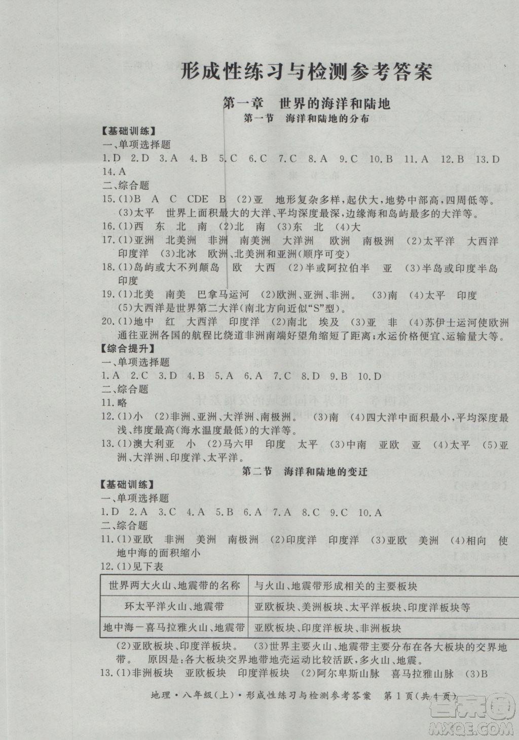 2018秋新課標(biāo)形成性練習(xí)與檢測(cè)八年級(jí)地理上參考答案 第1頁(yè)