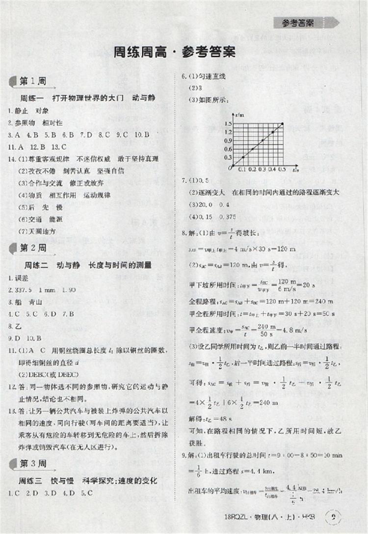 2019新版日清周練八年級物理上冊人教版參考答案 第10頁