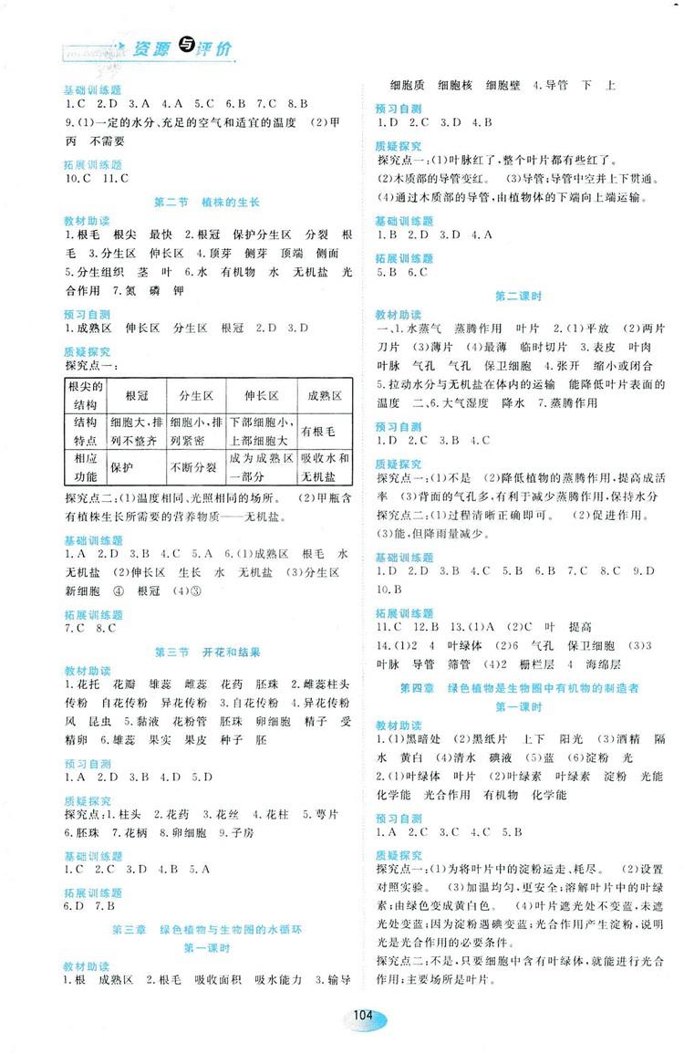 2018人教版資源與評價七年級生物上冊參考答案 第6頁