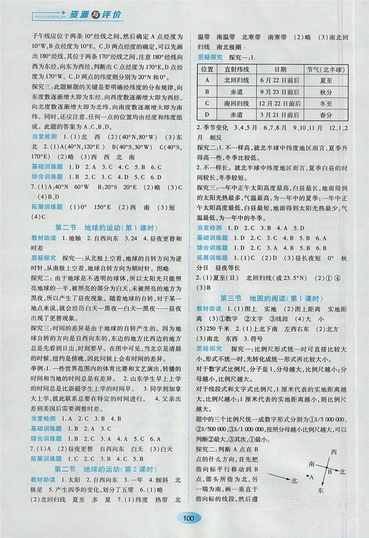 資源與評價2018人教版七年級地理上冊參考答案 第2頁