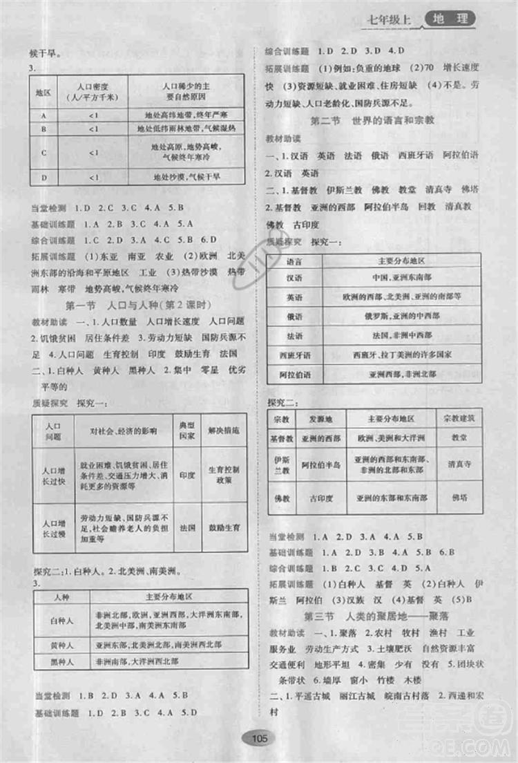 資源與評(píng)價(jià)2018人教版七年級(jí)地理上冊(cè)參考答案 第7頁