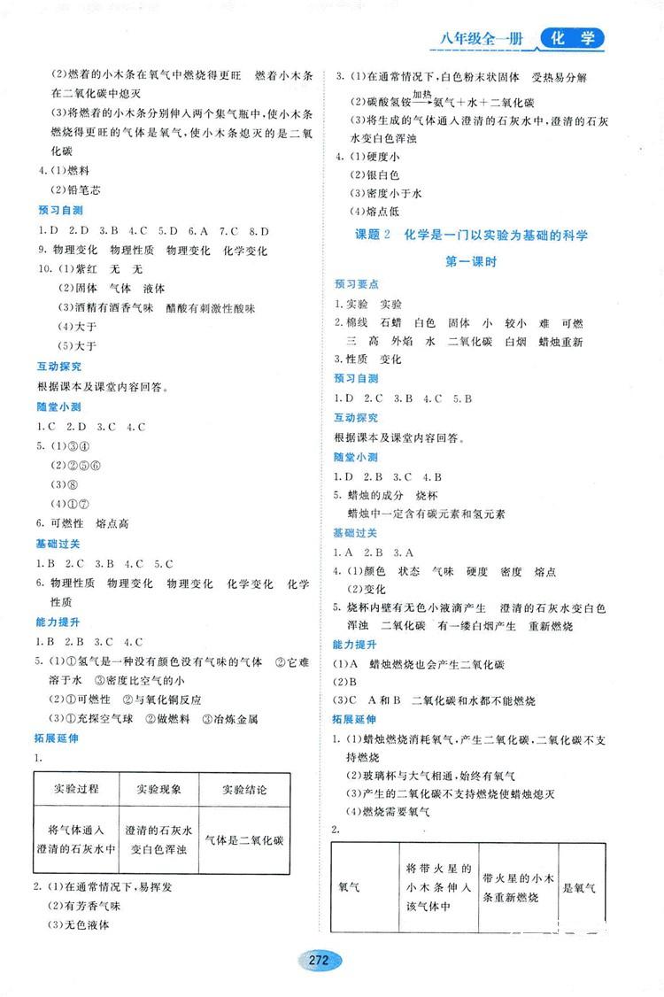 五四學(xué)制2018資源與評價(jià)八年級化學(xué)全一冊上冊人教版參考答案 第2頁