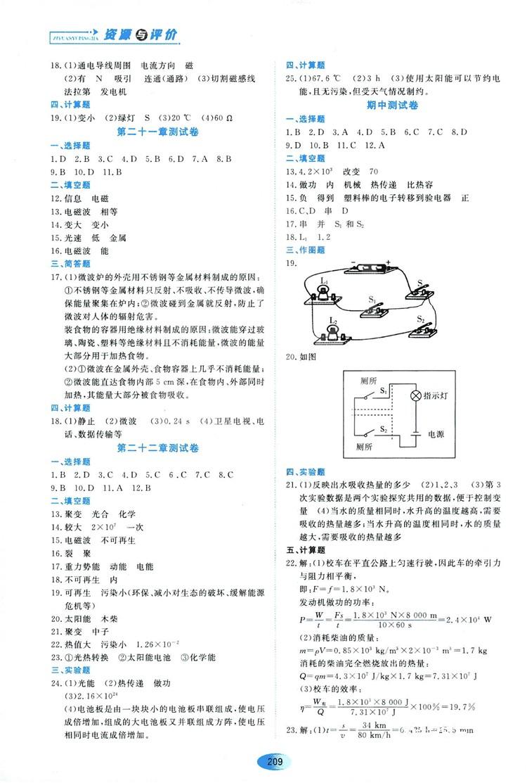 2018資源與評價(jià)九年級物理全一冊人教版參考答案 第23頁