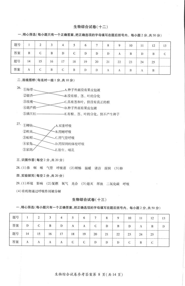 2018年資源與評價中考全程總復習生物B版參考答案 第19頁