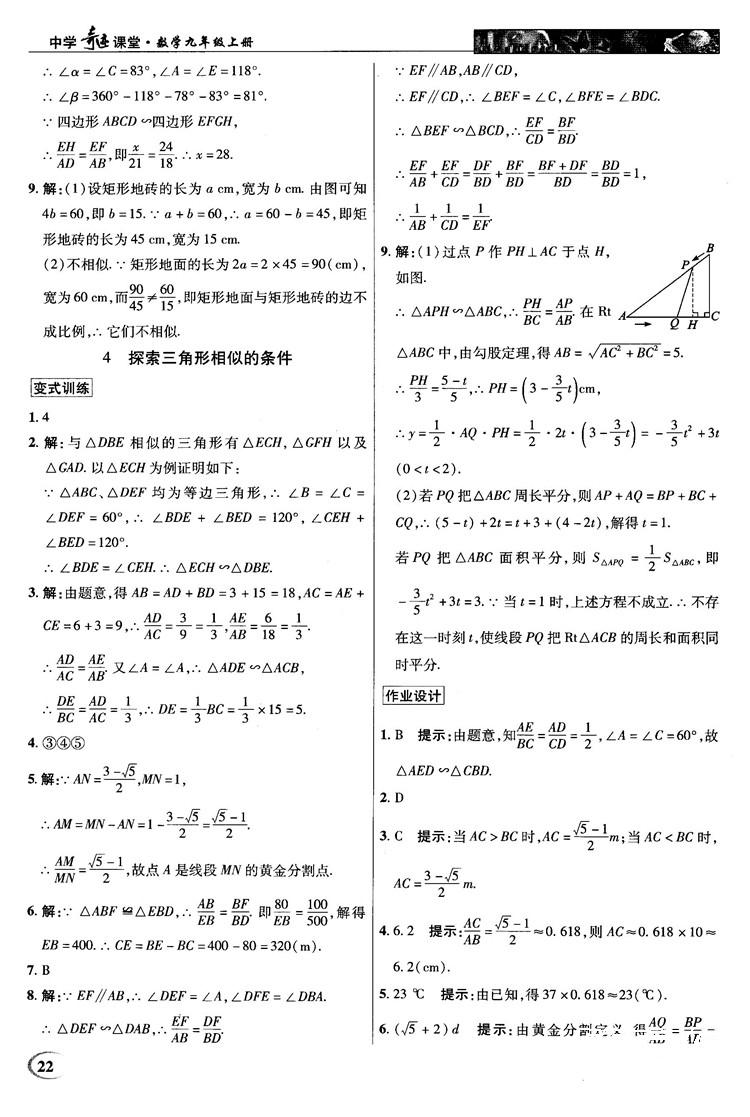 北師大版2018秋中學(xué)奇跡課堂數(shù)學(xué)九年級上冊答案 第22頁