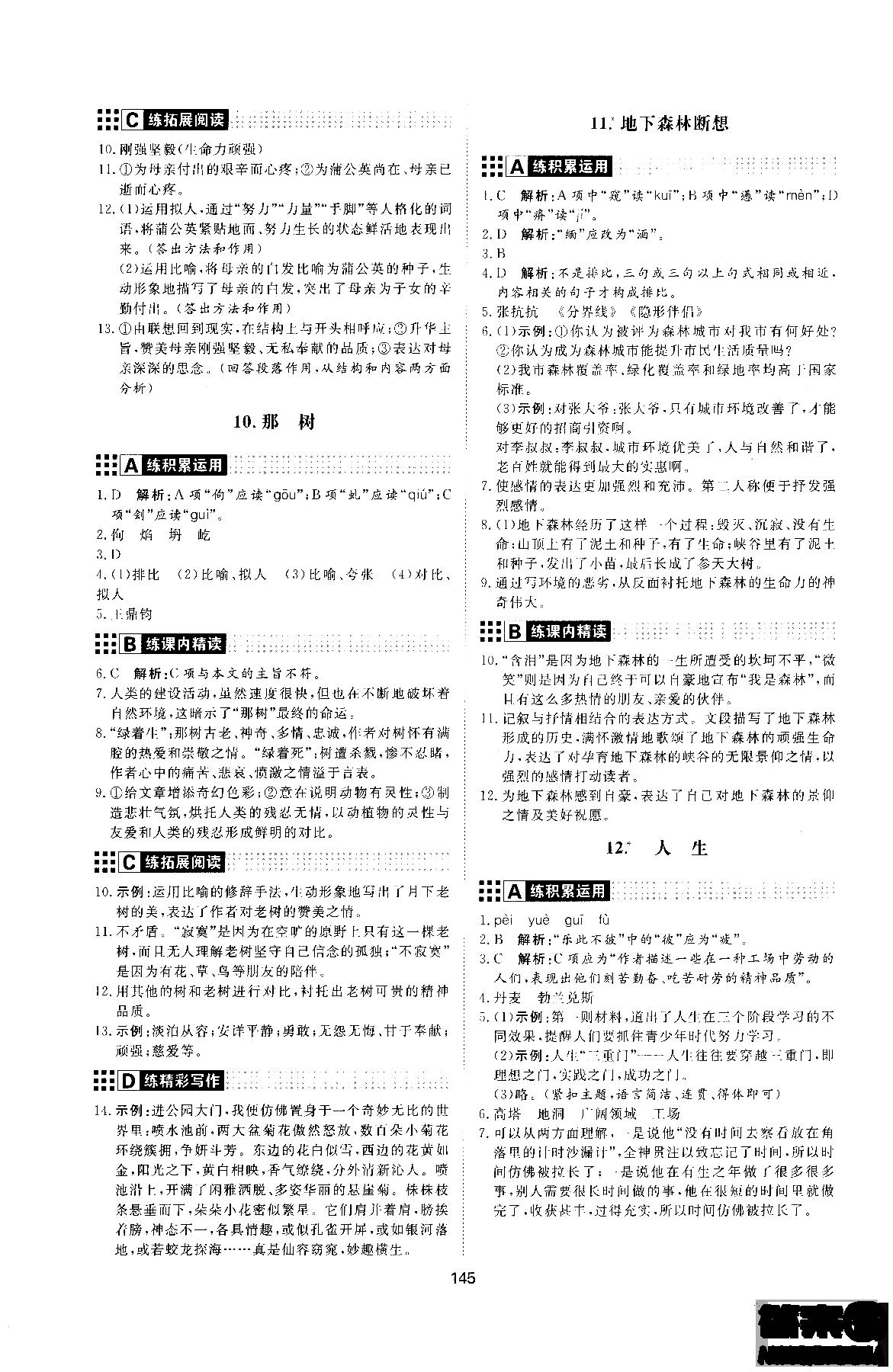 2018年初中教輔練出好成績九年級語文人教版R全一冊參考答案 第13頁