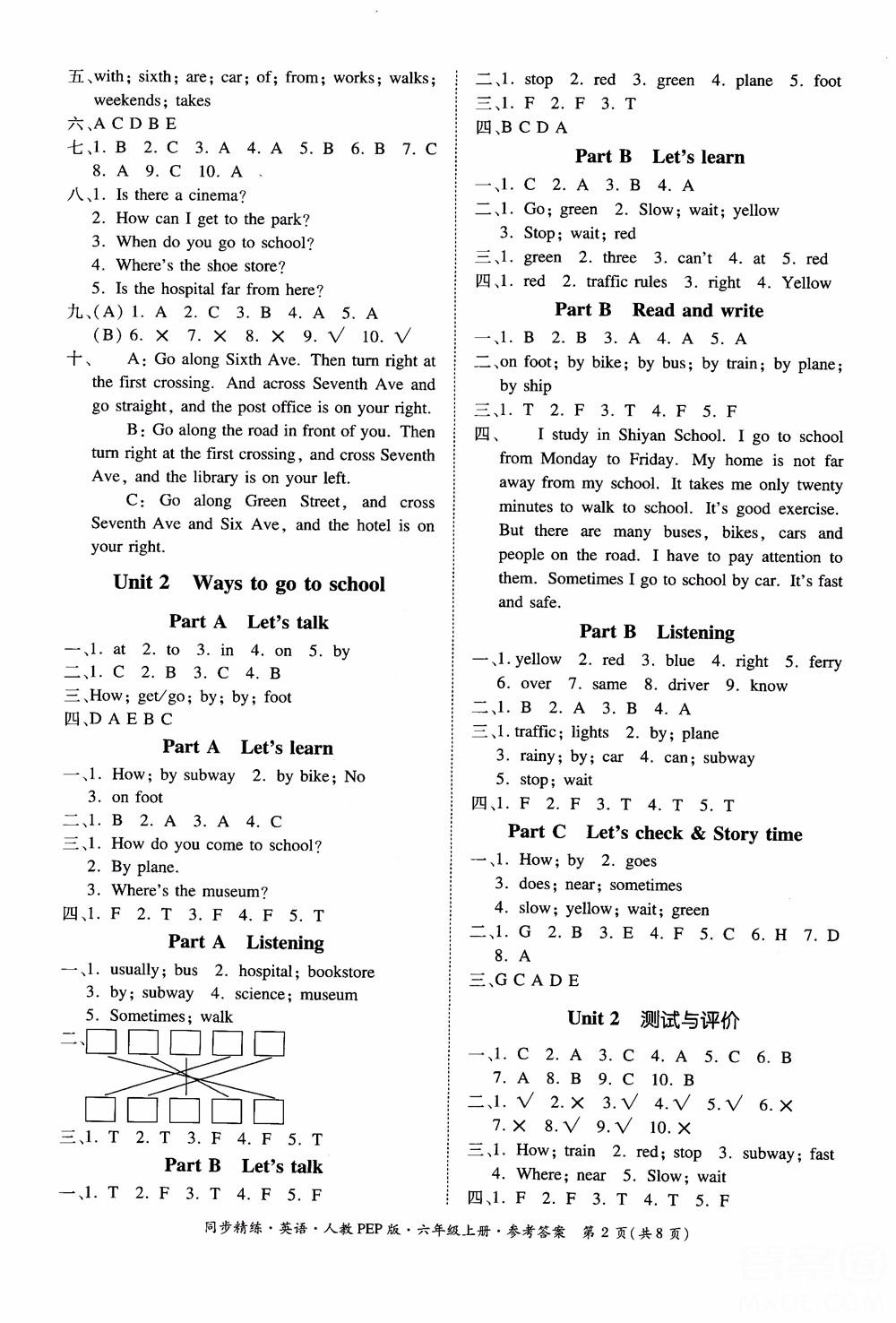 2018秋同步精練小學英語六年級上冊人教版PEP版參考答案 第10頁