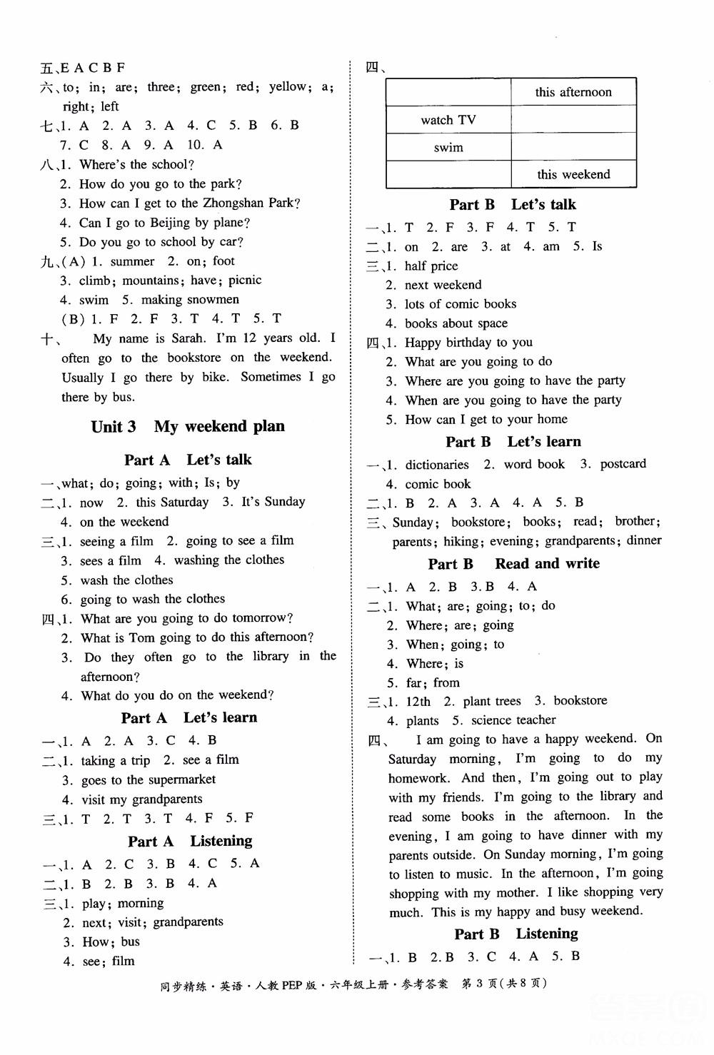 2018秋同步精練小學(xué)英語六年級上冊人教版PEP版參考答案 第11頁