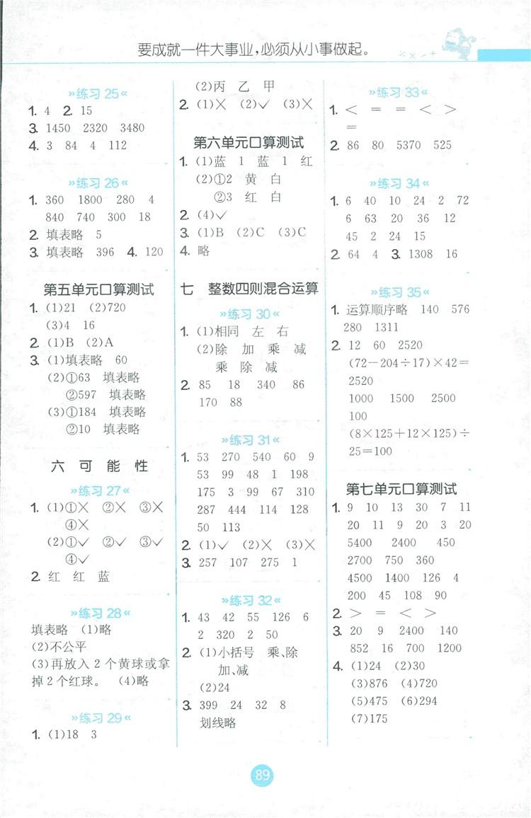2018秋小學數學口算心算速算天天練四年級上冊JSJY江蘇版答案 第3頁