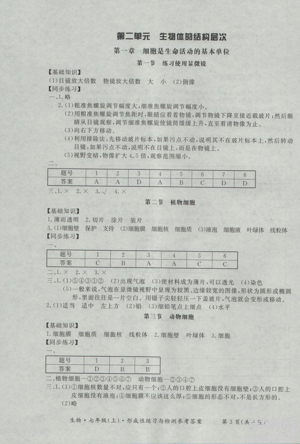 2018年形成性練習(xí)與檢測(cè)七年級(jí)上生物參考答案 第3頁