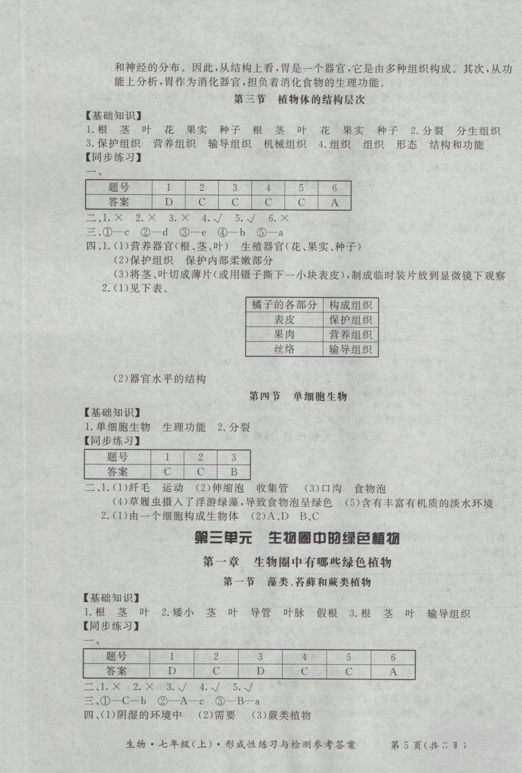 2018年形成性練習(xí)與檢測(cè)七年級(jí)上生物參考答案 第5頁