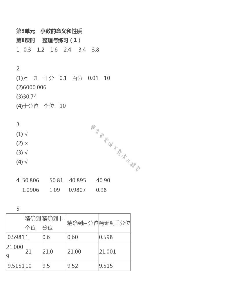 第3单元 小数的意义和性质 - 第3单元 第8课时 整理与练习（1）