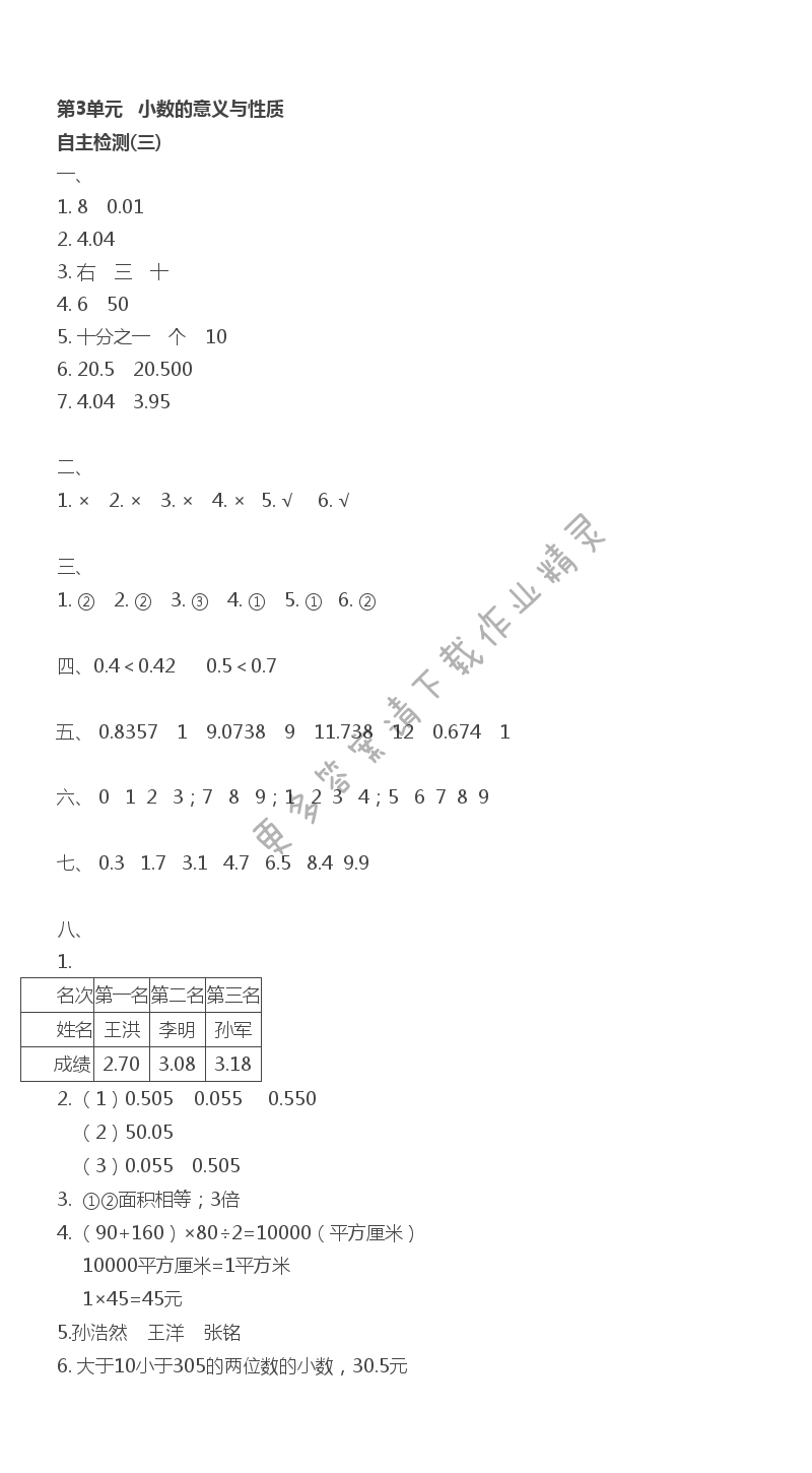 第3单元 小数的意义和性质 - 自主检测(三)