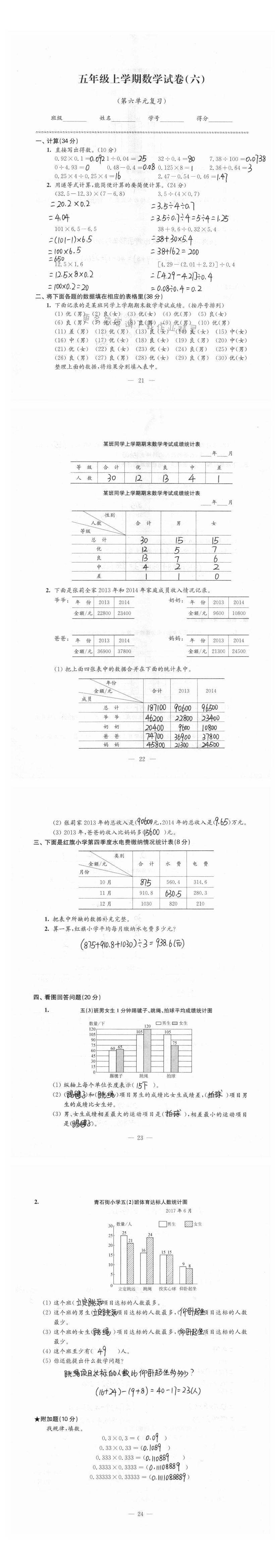 强化卷五年级上学期数学试卷（第六单元复习）