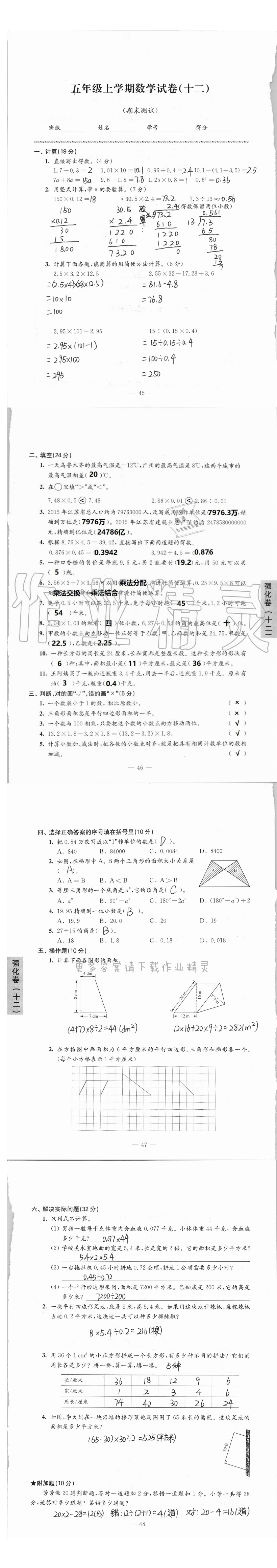 强化卷五年级上学期数学试卷（期末测试） - 强化卷五年级上学期数学试卷（期末试卷）