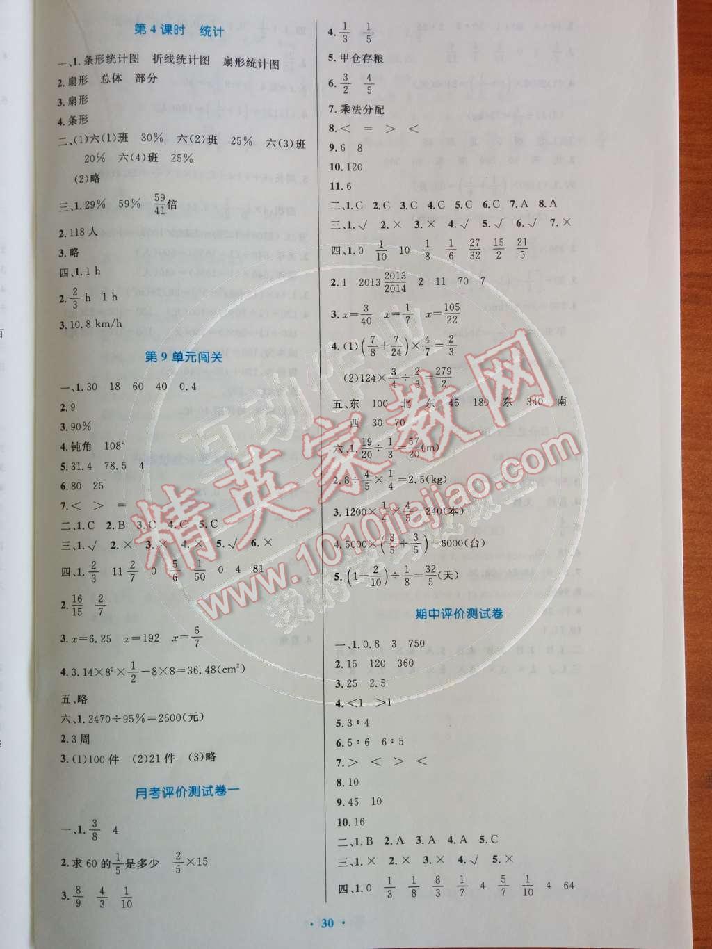 2014年小学同步测控优化设计六年级数学上册人教版 参考答案第63页