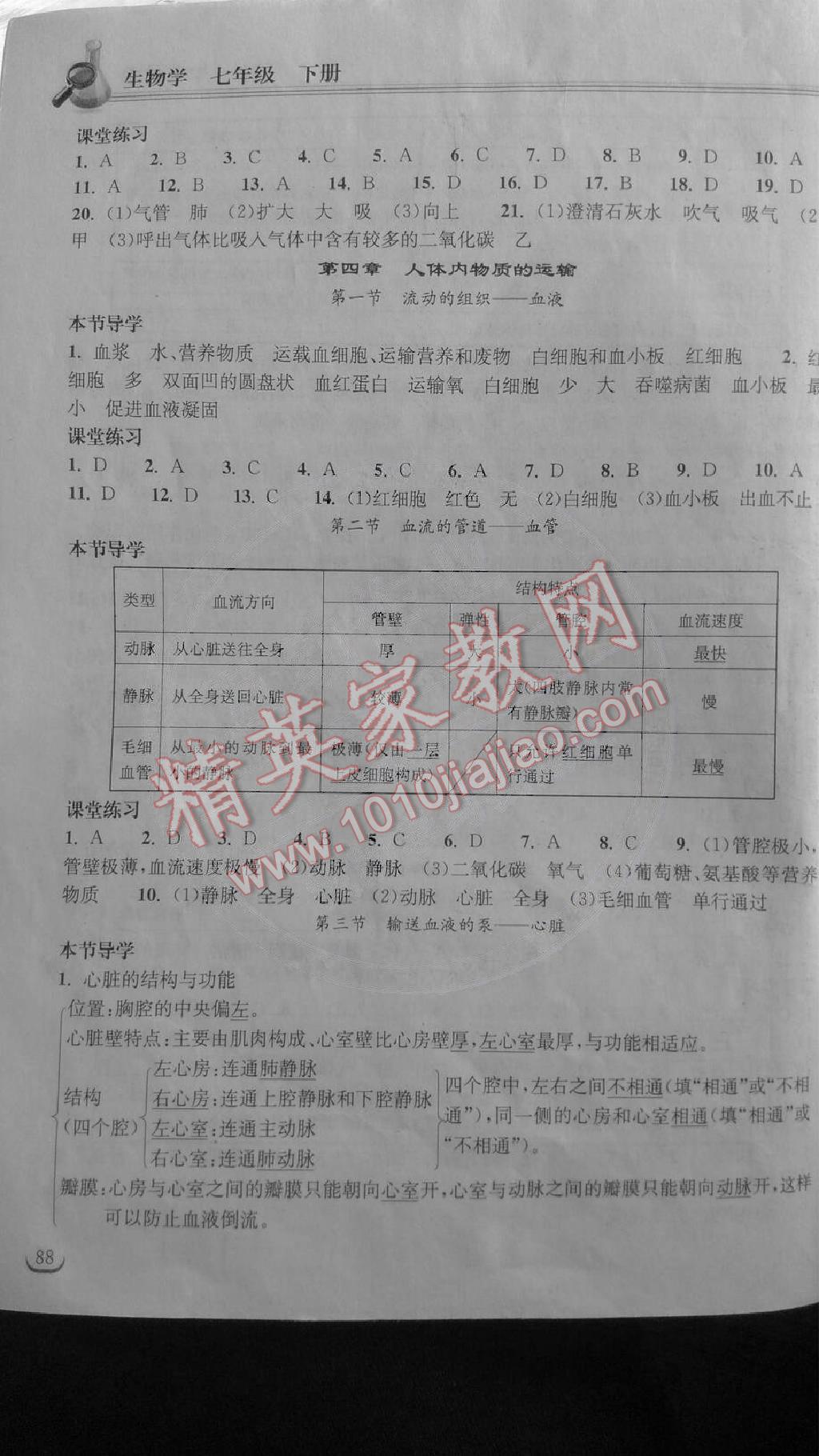 长江作业本同步练习册七年级生物下册人教版 第4页