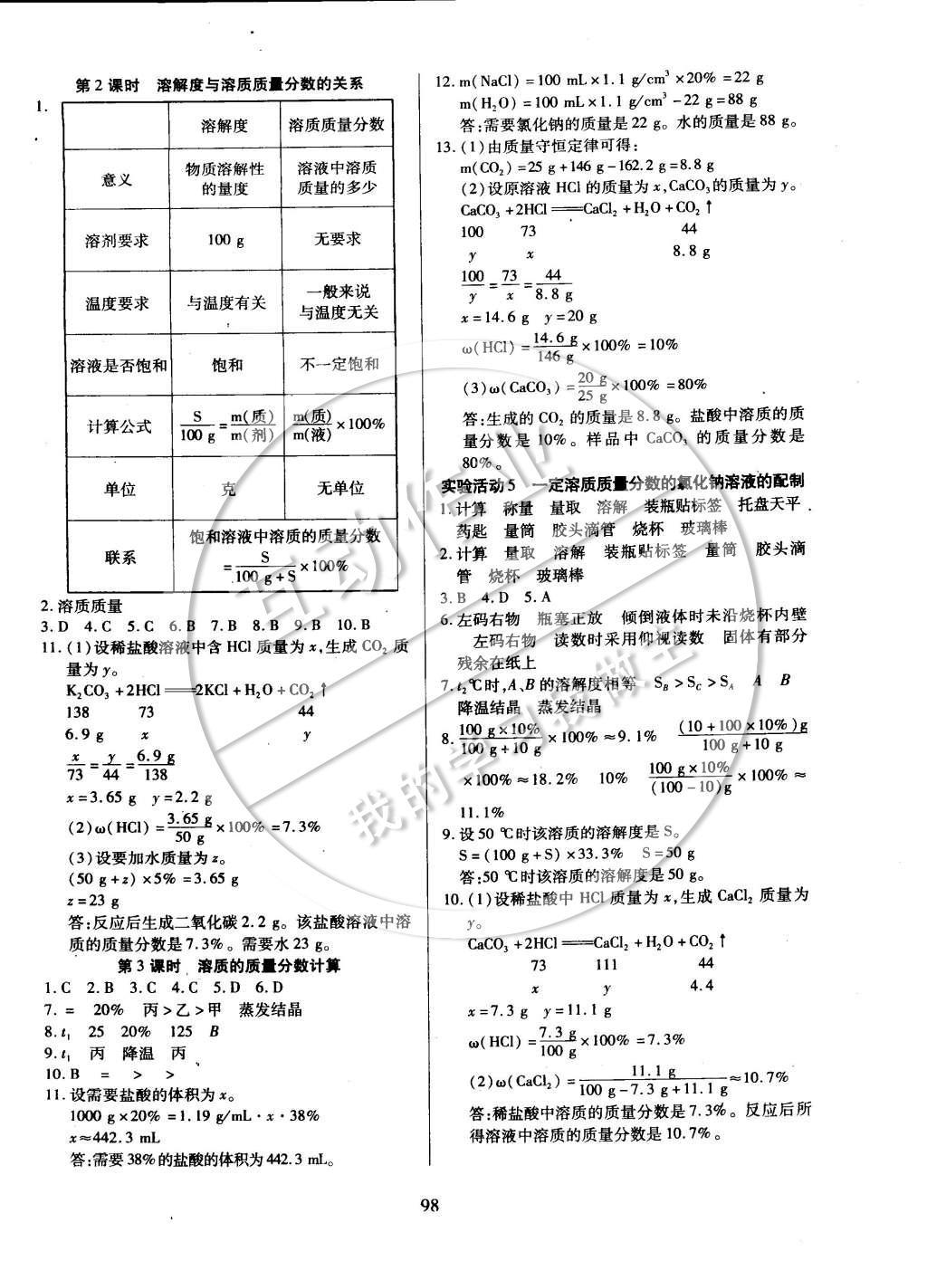 2015年有效课堂课时导学案九年级化学下册人教版 参考答案第12页