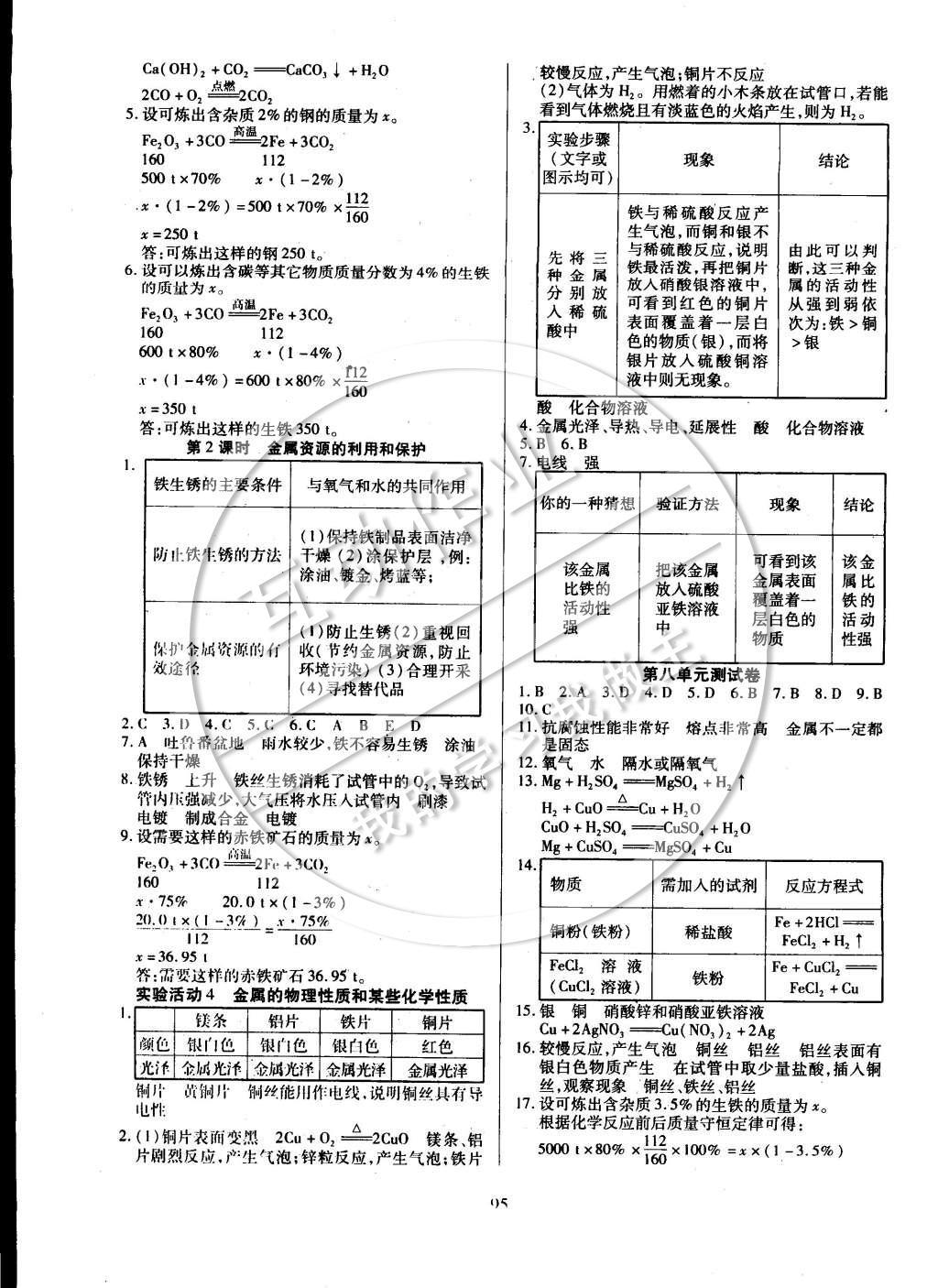 2015年有效课堂课时导学案九年级化学下册人教版 参考答案第9页