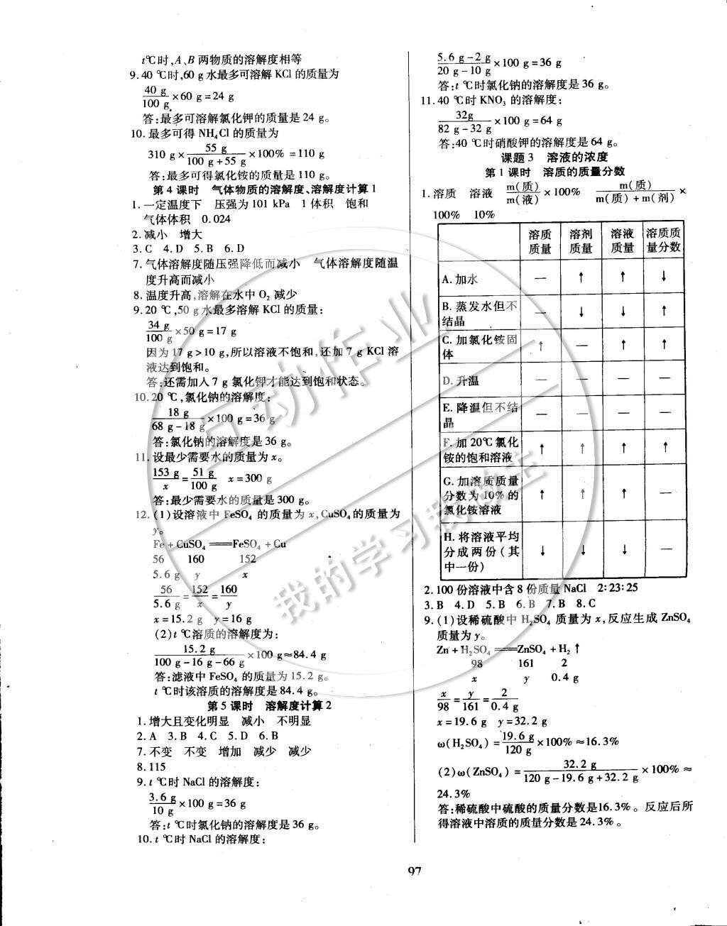 2015年有效课堂课时导学案九年级化学下册人教版 参考答案第11页