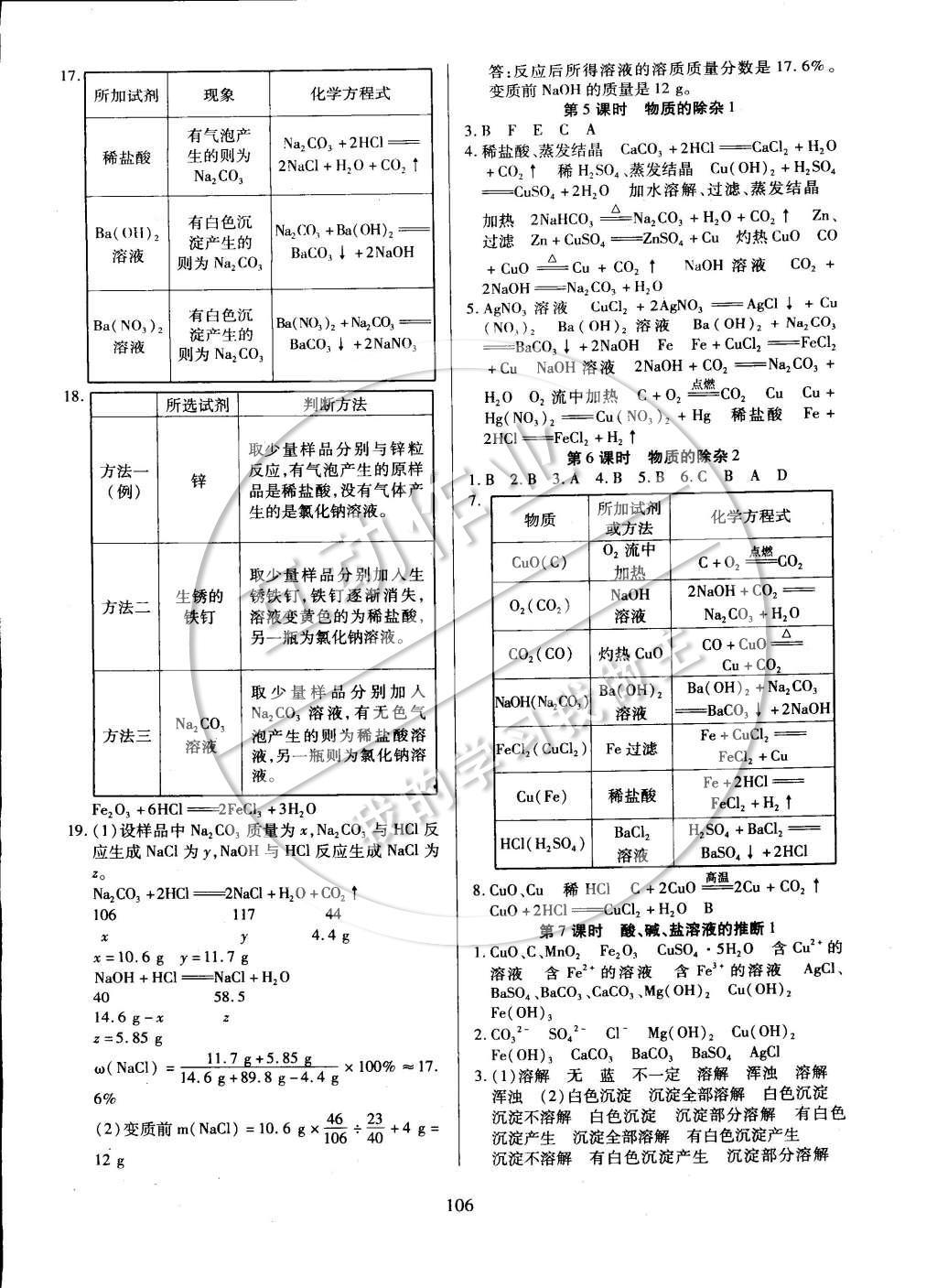 2015年有效课堂课时导学案九年级化学下册人教版 参考答案第20页