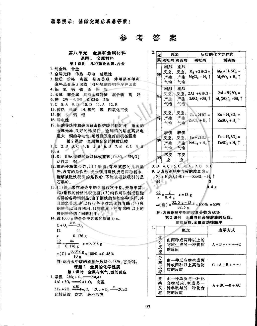 2015年有效课堂课时导学案九年级化学下册人教版 参考答案第7页