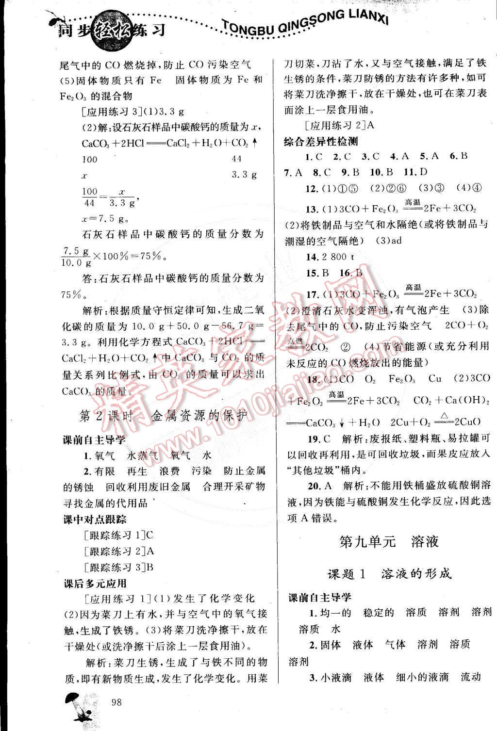 2015年同步轻松练习九年级化学下册人教版 参考答案第46页