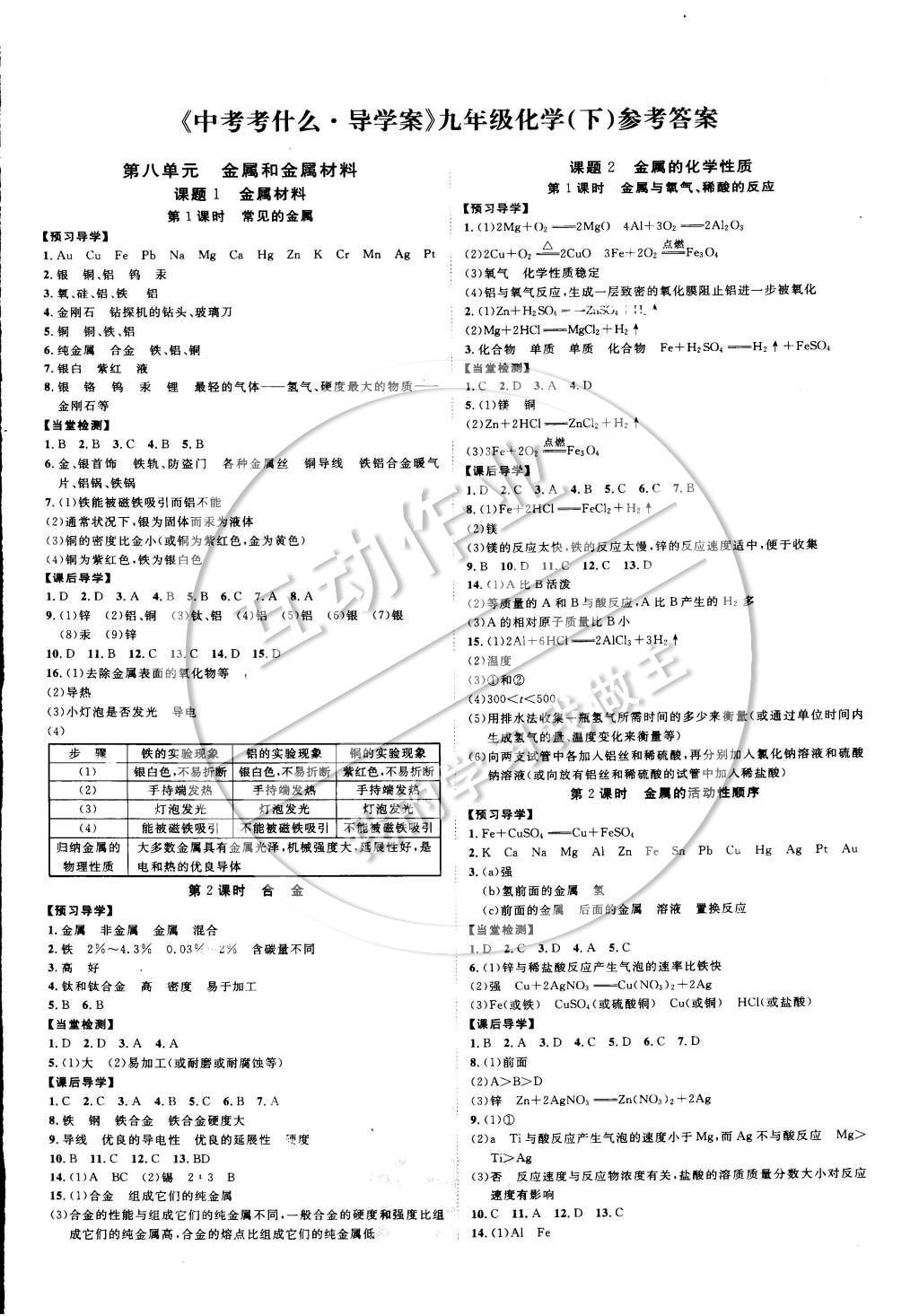 2015年中考考什么高效課堂導(dǎo)學(xué)案九年級(jí)化學(xué)下冊(cè)人教版 參考答案第8頁