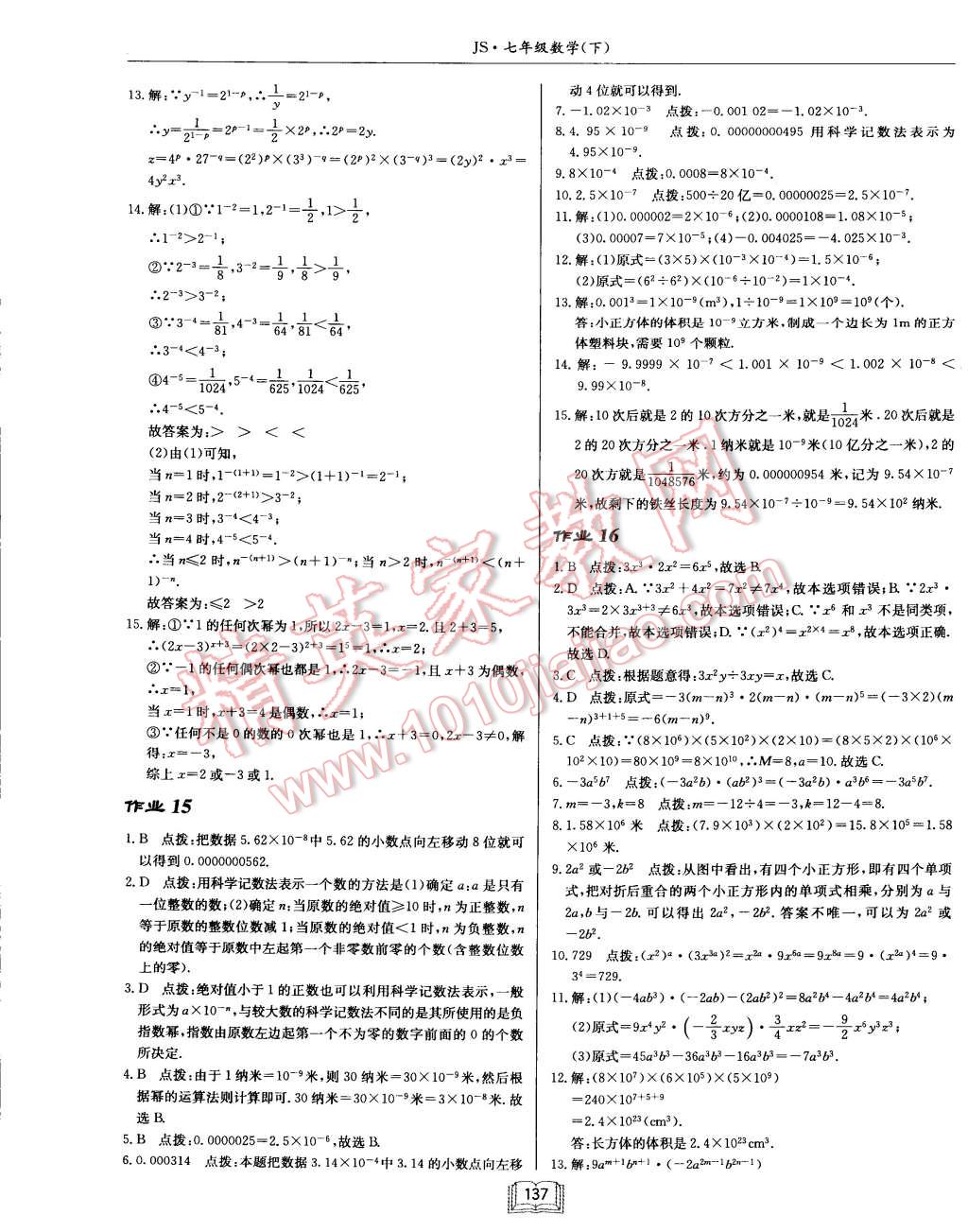 2015年启东中学作业本七年级数学下册江苏版 第11页