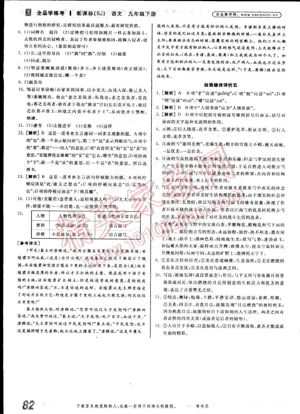 2015年全品學(xué)練考九年級語文下冊蘇教版 參考答案第80頁