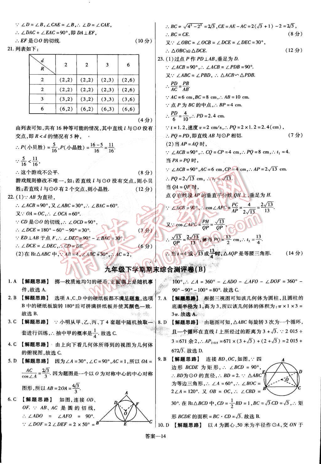 2015年金考卷活頁題選九年級數(shù)學下冊滬科版 第14頁