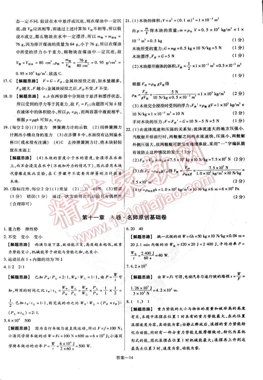 2015年金考卷活页题选名师名题单元双测卷八年级物理下册人教版 第14页