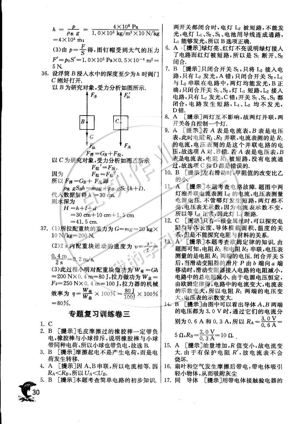 2015年實驗班提優(yōu)訓練九年級物理下冊教科版 專題復習訓練卷參考答案第33頁