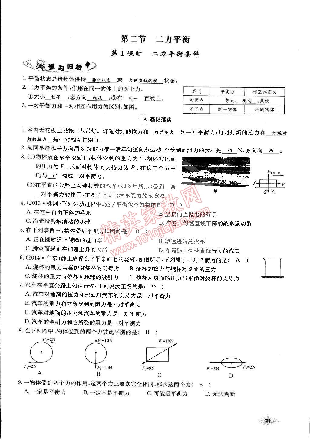 2015年思維新觀察課前課后八年級物理下冊人教版 第21頁