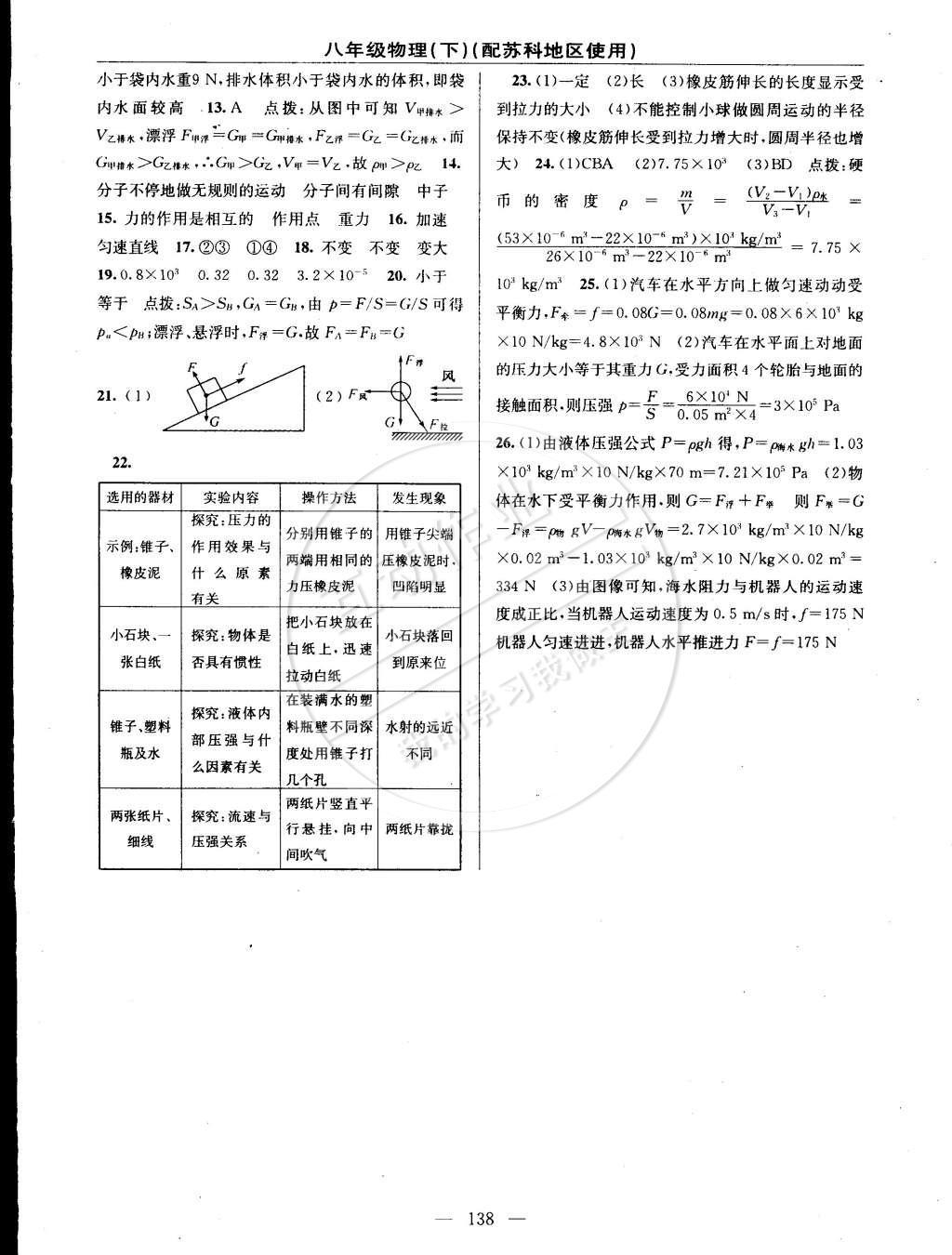 2015年黃岡100分闖關(guān)一課一測八年級物理下冊蘇科版 參考答案第30頁