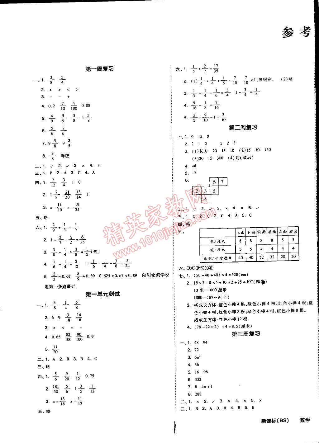 2015年同步活页测试卷全品小复习五年级数学下册北师大版 第1页