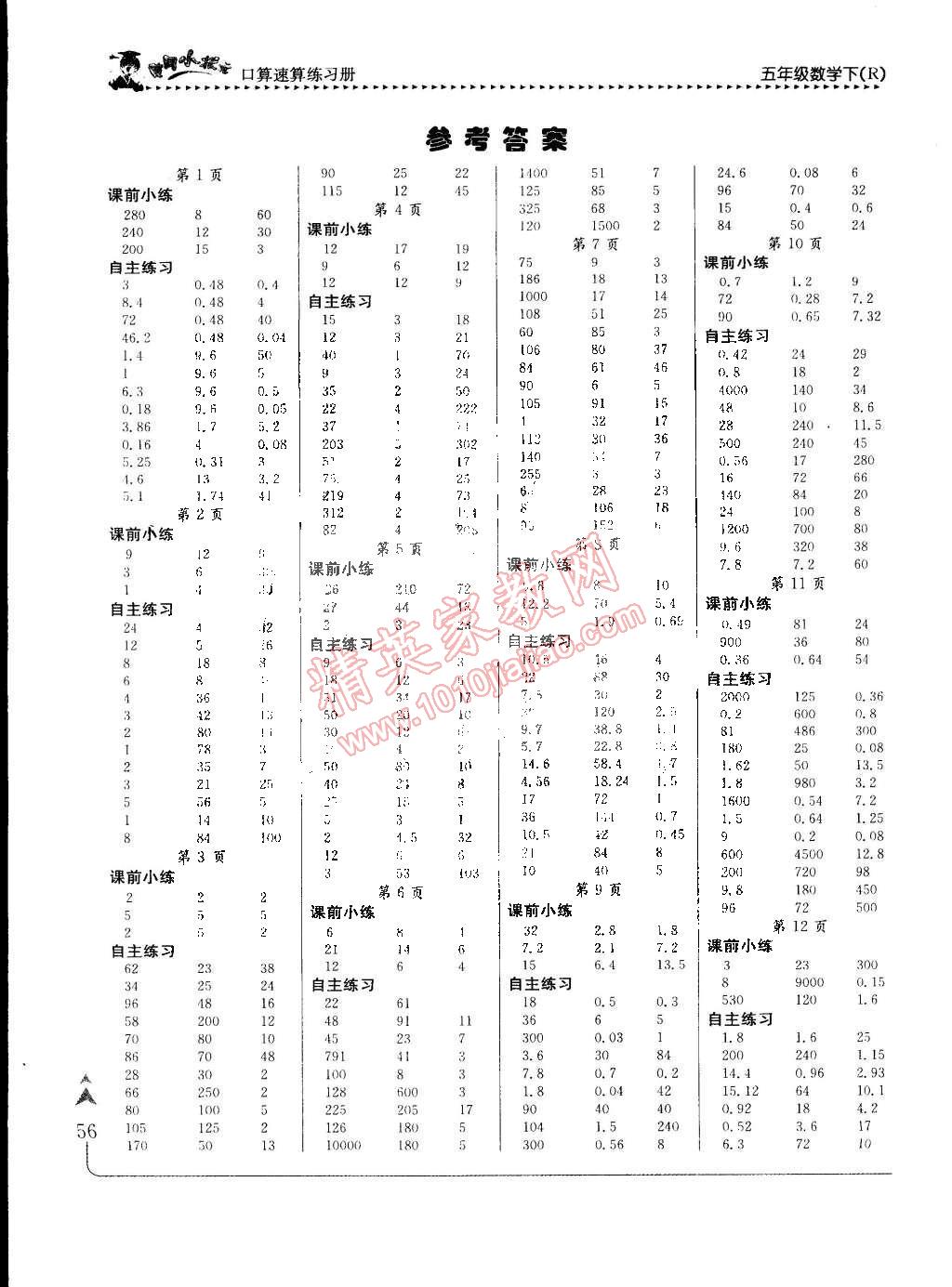 2015年黃岡小狀元口算速算練習(xí)冊五年級數(shù)學(xué)下冊人教版 第1頁