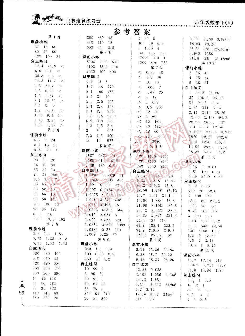 2015年黄冈小状元口算速算练习册六年级数学下册人教版 第1页